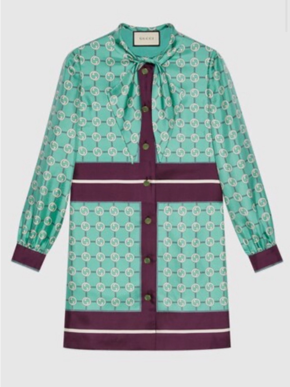 Gucci Teal and Plum GG-Pattern Silk Tie-Neck Dress